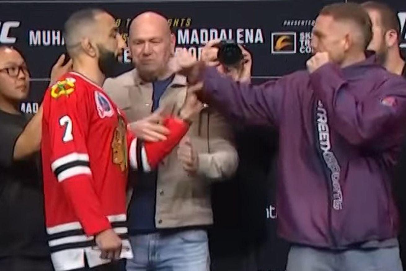 Watch Belal Muhammad swat Jack Della Maddalena’s arm away at UFC 315 press conference faceoff